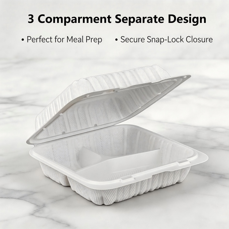 8x8x3 Inch 3 Compartment Food Grade MFPP Clamshell Containers, Microwave Safe Disposable Divided Takeout Lunch Boxes for Meal Prep