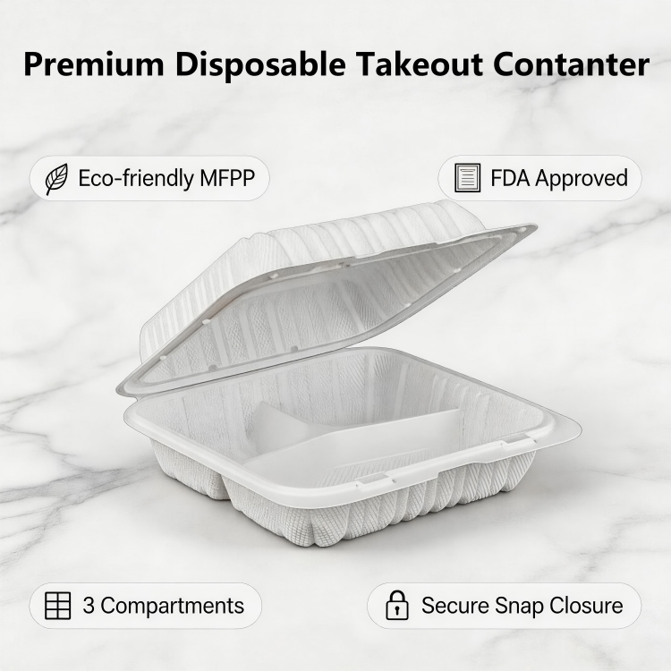 8x8x3 Inch 3 Compartment Food Grade MFPP Clamshell Containers, Microwave Safe Disposable Divided Takeout Lunch Boxes for Meal Prep