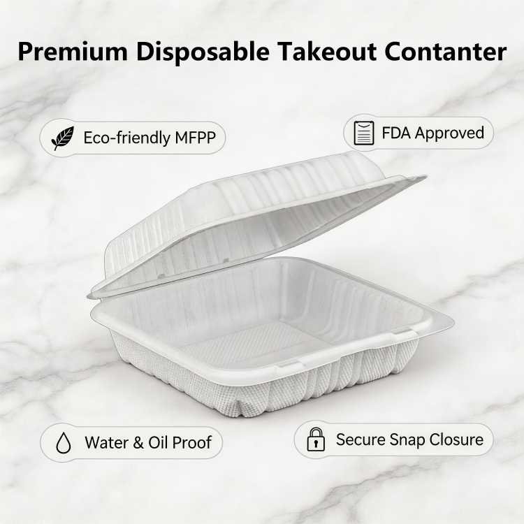 8x8x3 Inch Square Food Grade MFPP Clamshell Containers, Microwave Safe Disposable Takeout Lunch Boxes for Full Meals & Catering