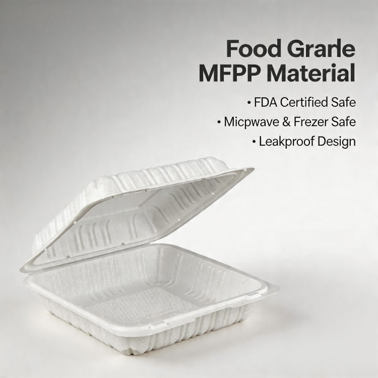 9x9 inch Food Grade MFPP Clamshell Containers | 1 Compartment Microwave Safe Disposable Takeout Boxes for Meals & Catering