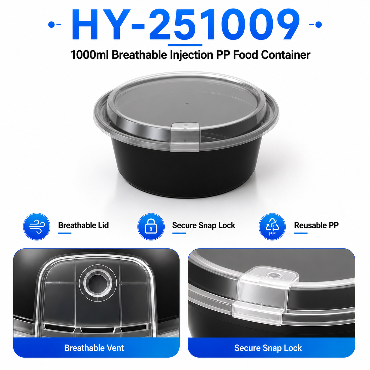 HY-251009 1000ml Round PP Food Container with Clear Lid Injection Molded Food Packaging Container