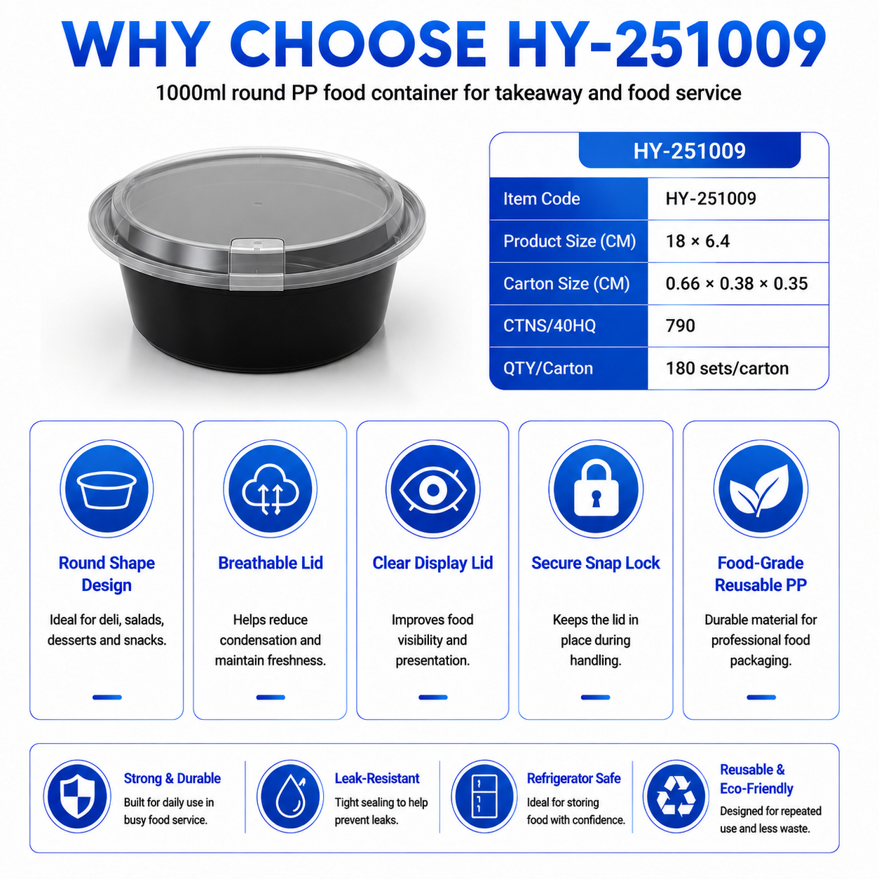 HY-251009 1000ml Round PP Food Container with Clear Lid Injection Molded Food Packaging Container