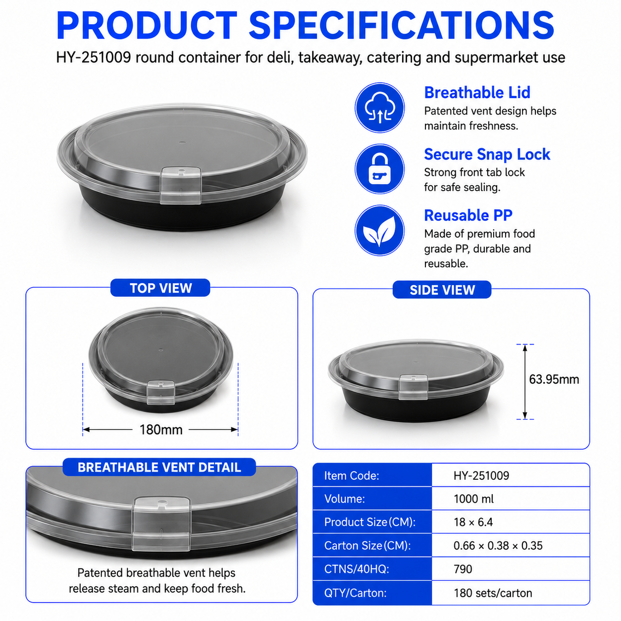 HY-251009 1000ml Round PP Food Container with Clear Lid Injection Molded Food Packaging Container