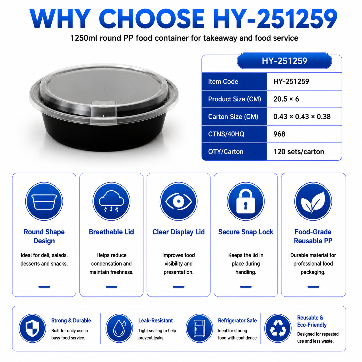 HY-251259 1250ml Round Breathable Lid Injection Molded PP Food Container