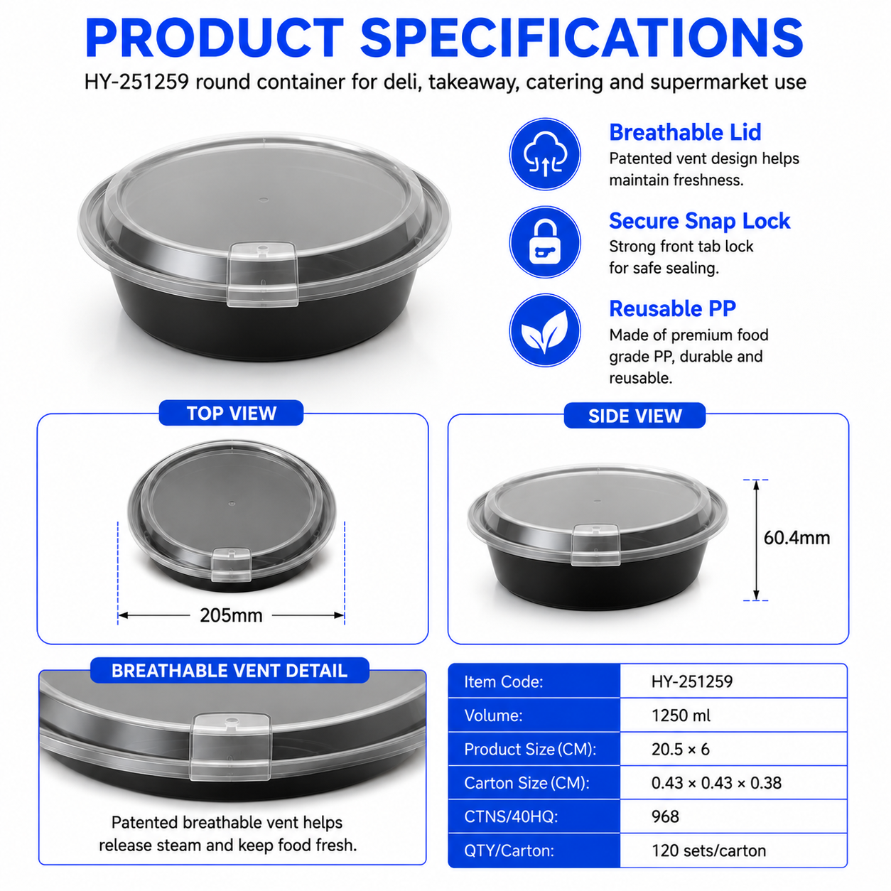 HY-251259 1250ml Round Breathable Lid Injection Molded PP Food Container