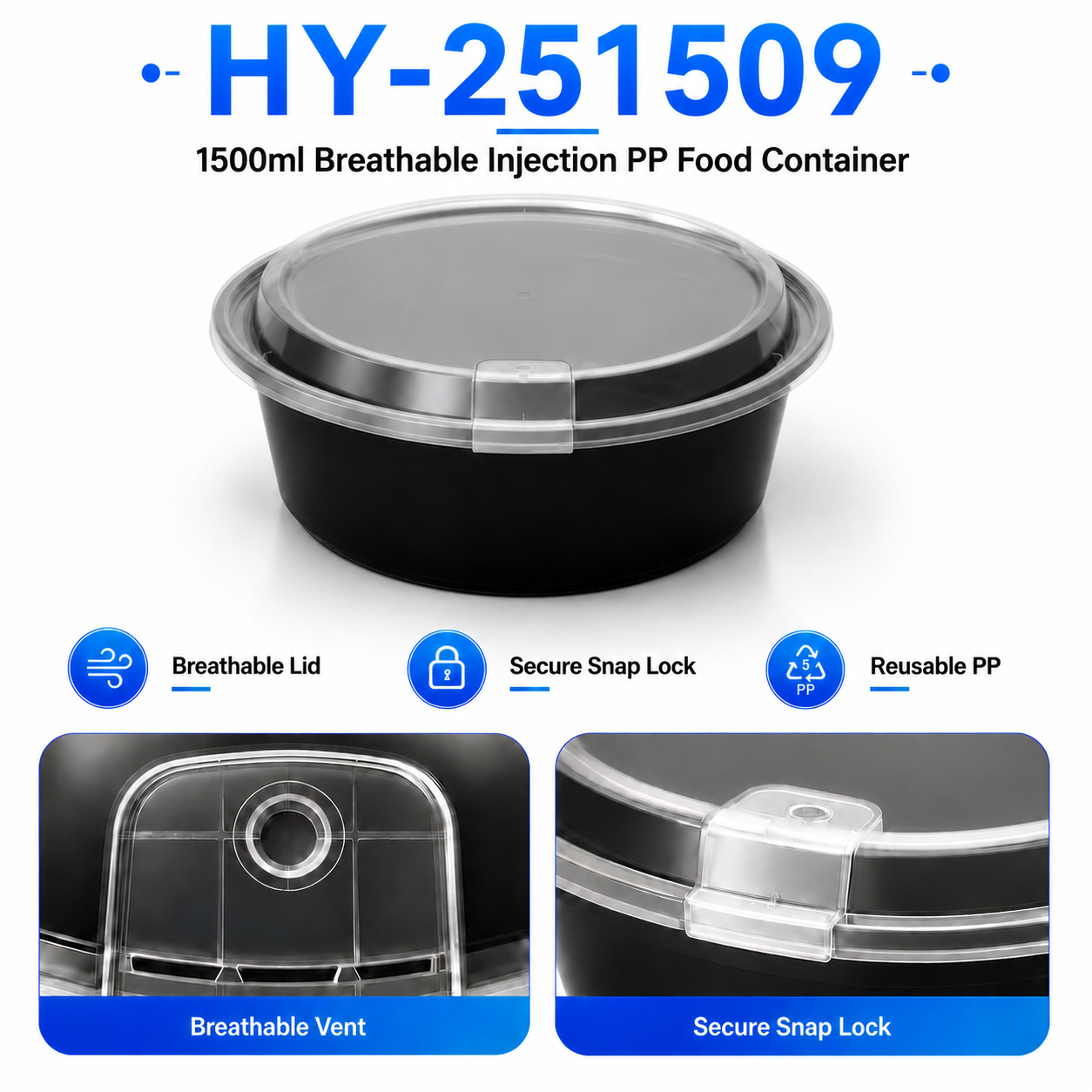 HY-251509 1500ml Round Breathable Lid Injection Molded PP Food Container