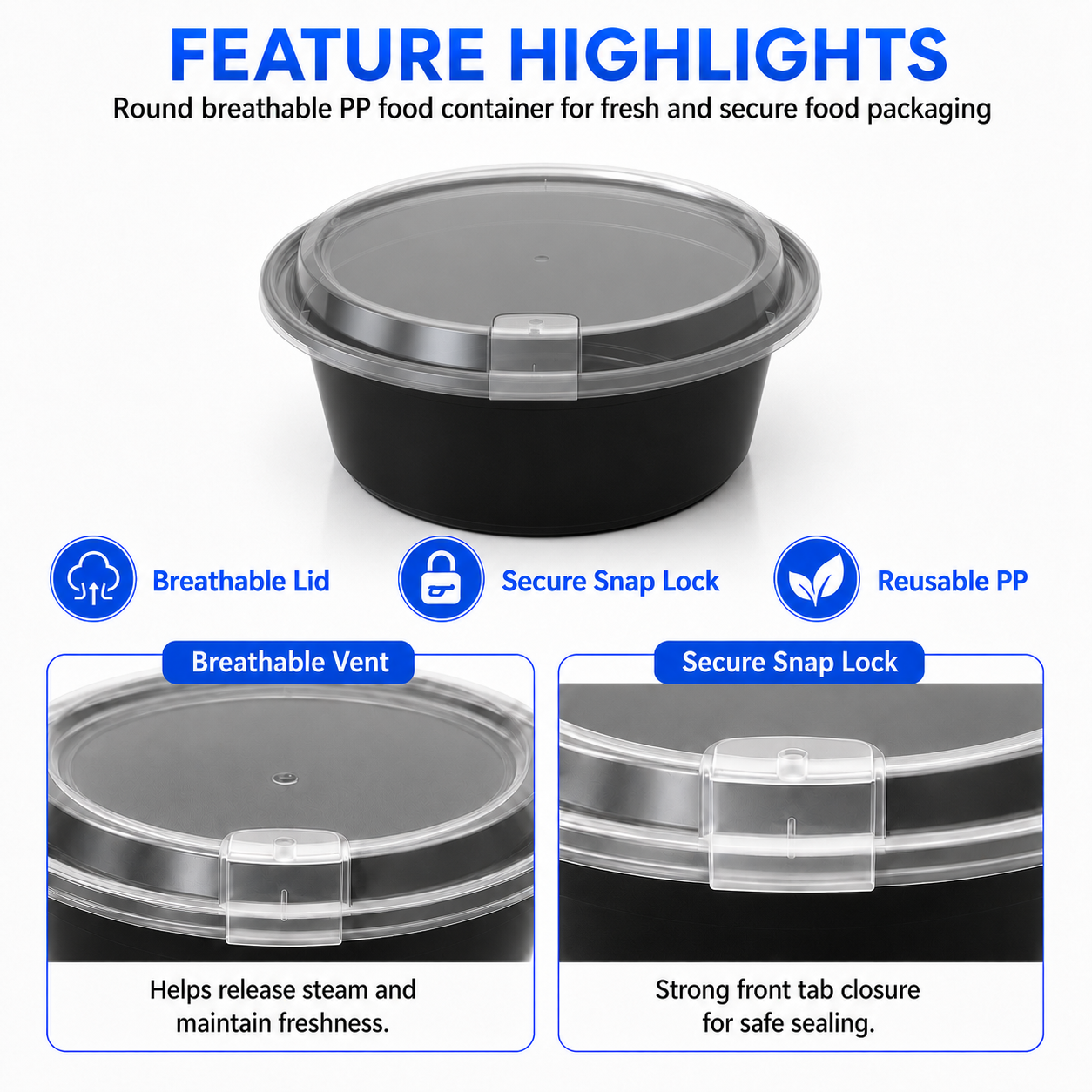 HY-251509 1500ml Round Breathable Lid Injection Molded PP Food Container