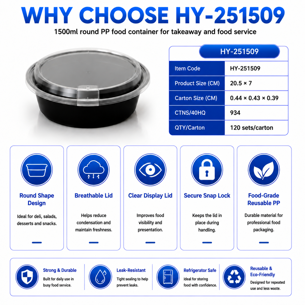 HY-251509 1500ml Round Breathable Lid Injection Molded PP Food Container