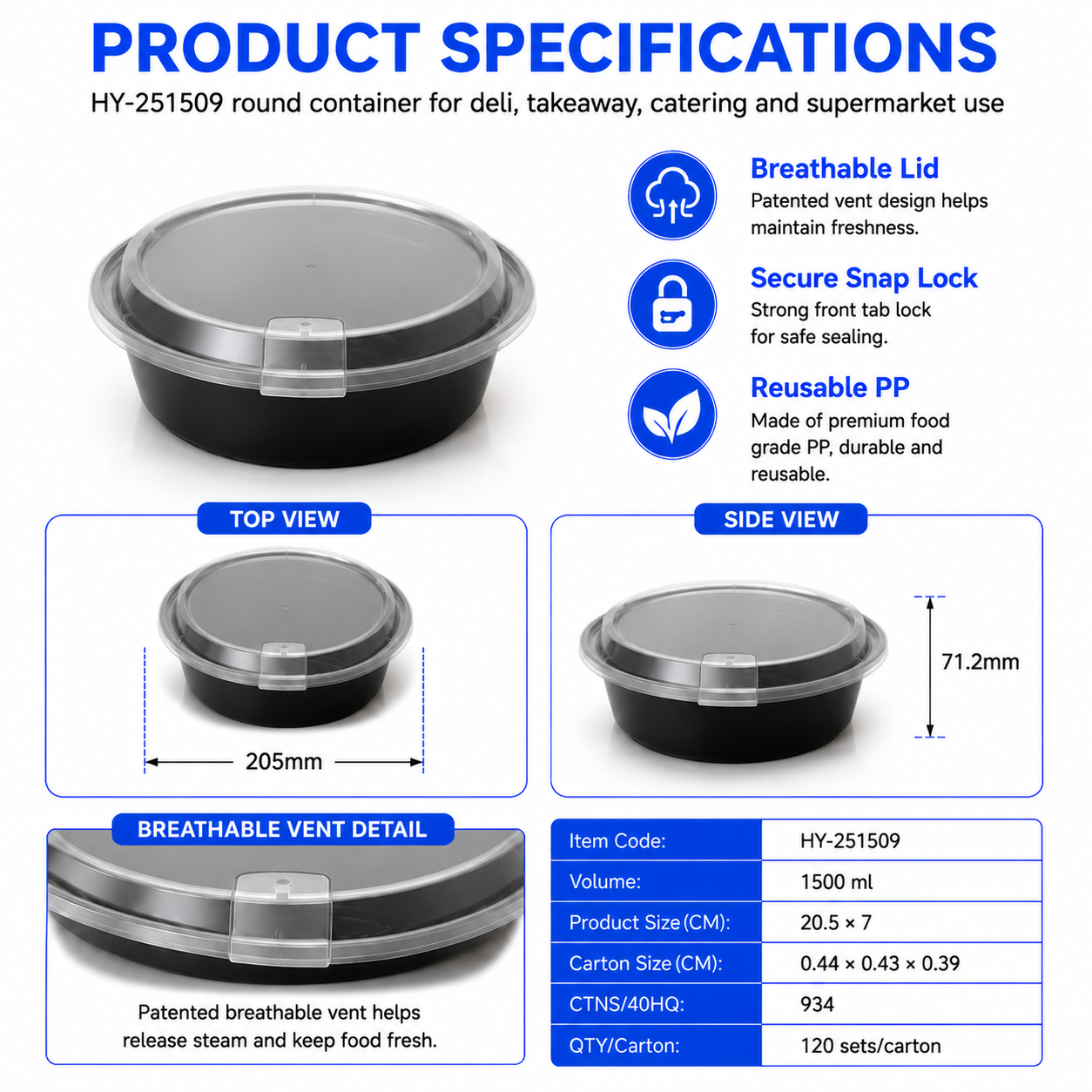 HY-251509 1500ml Round Breathable Lid Injection Molded PP Food Container