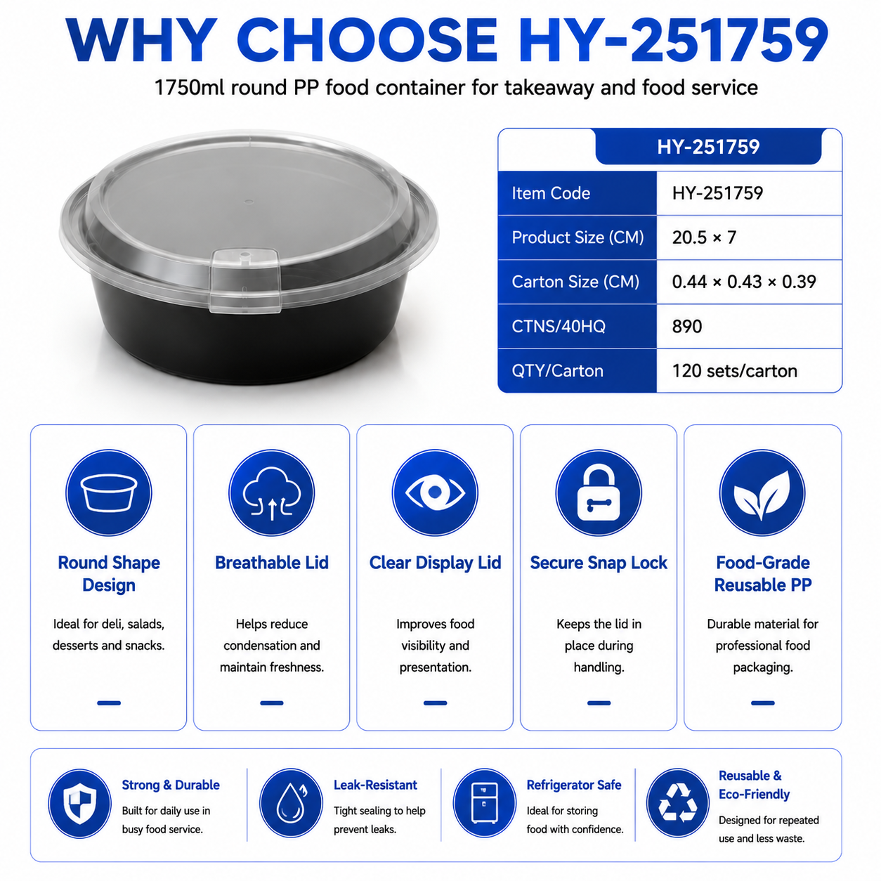 HY-251759 1750ml Round Breathable Lid Injection Molded PP Food Container
