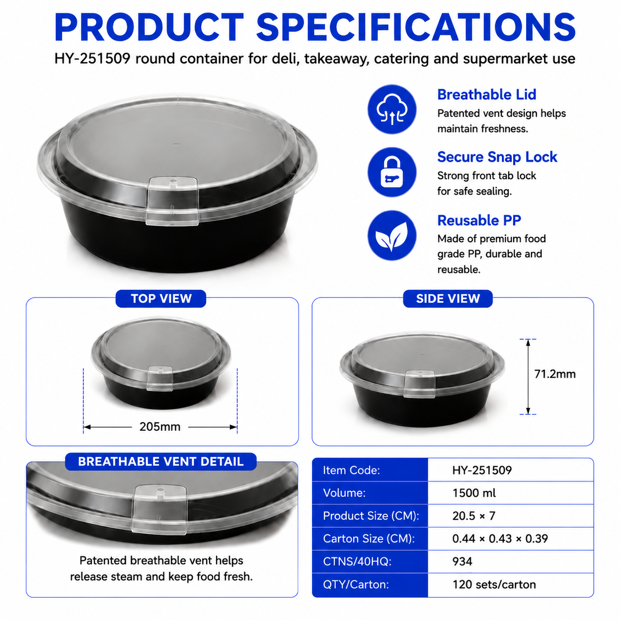 HY-251759 1750ml Round Breathable Lid Injection Molded PP Food Container