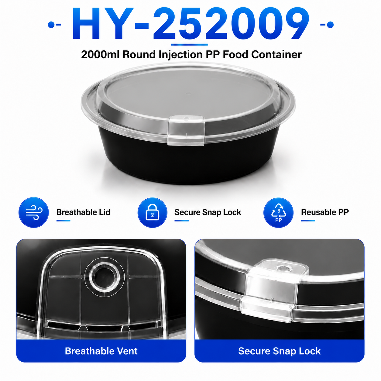 HY-252009 2000ml Round Injection Molded PP Food Container with Breathable Lid