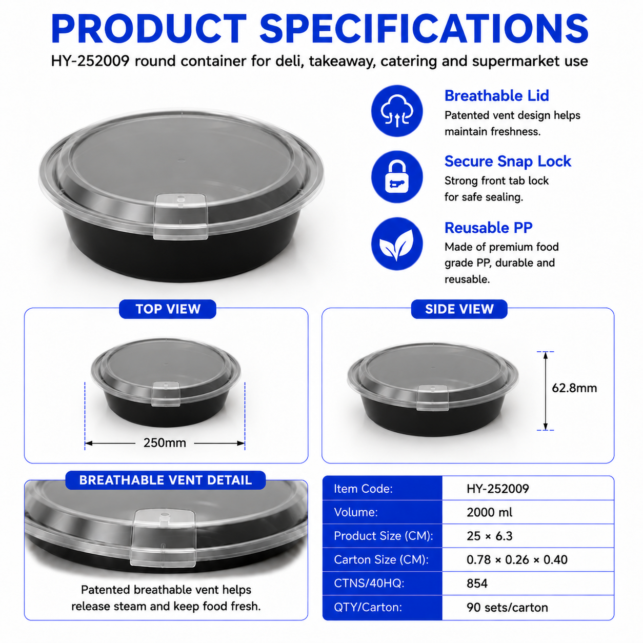 HY-252009 2000ml Round Injection Molded PP Food Container with Breathable Lid