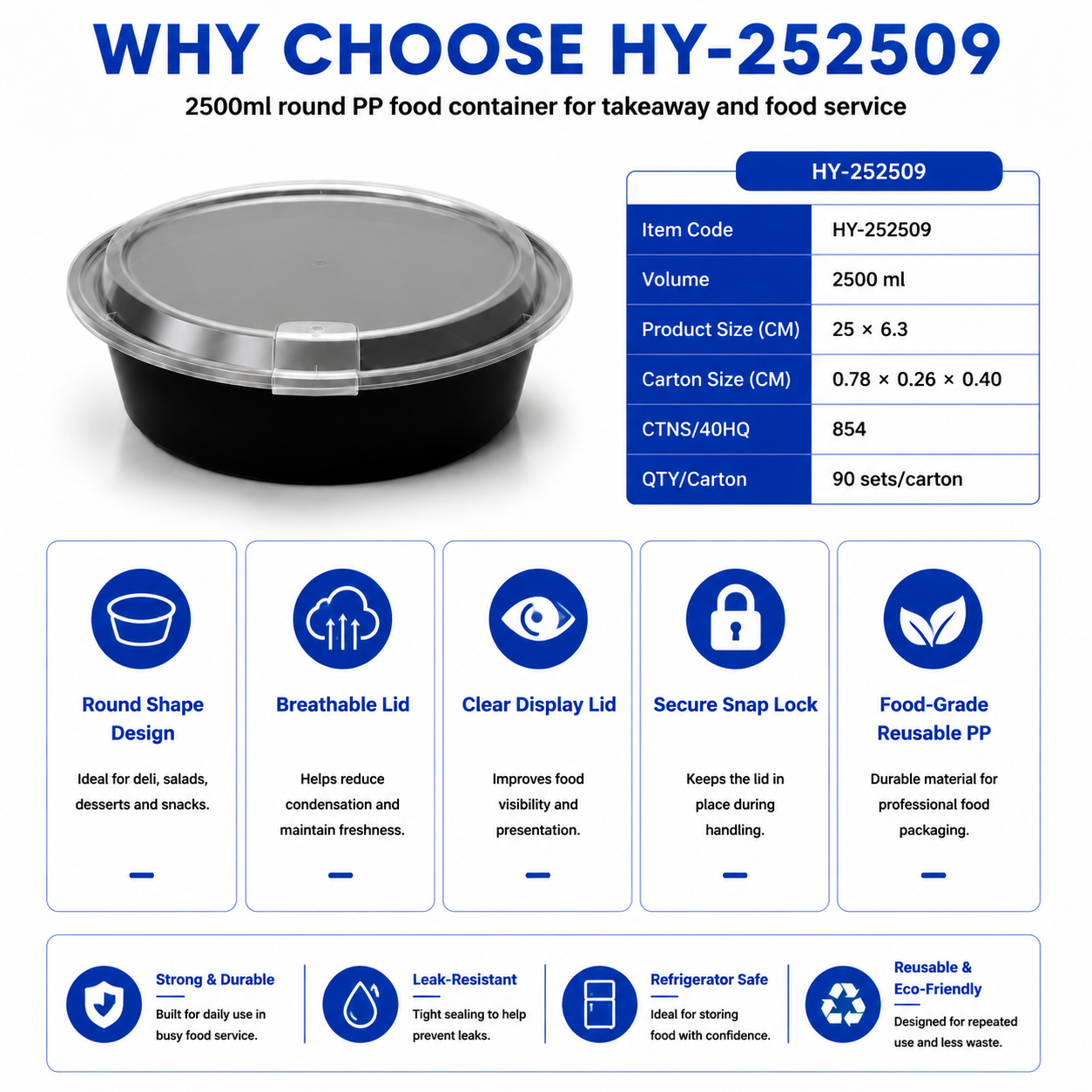 2500ml Round PP Food Container with Clear Lid | Injection Molded Takeaway Food Packaging HY-252509