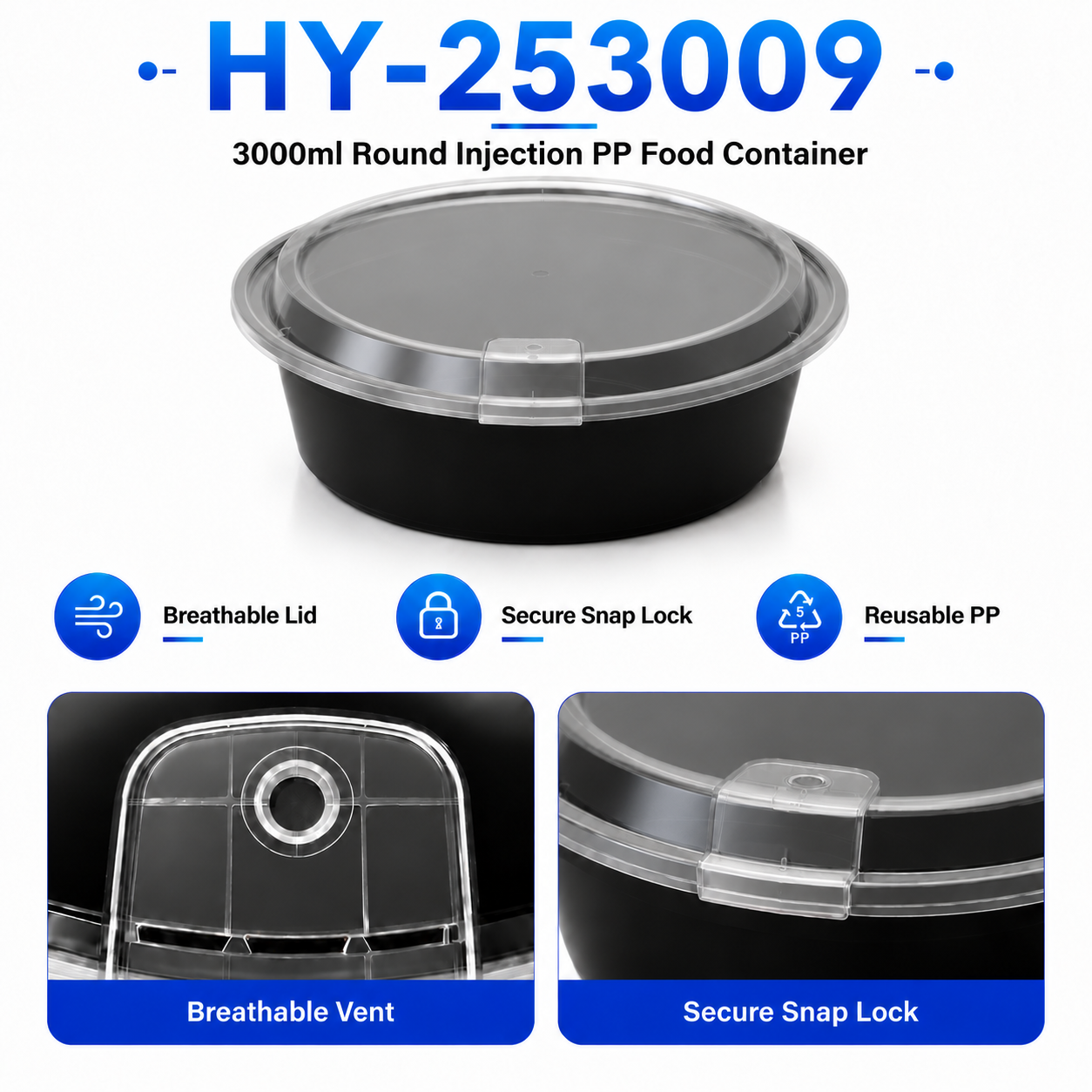 HY-253009 3000ml Round Breathable Lid Injection Molded PP Food Container