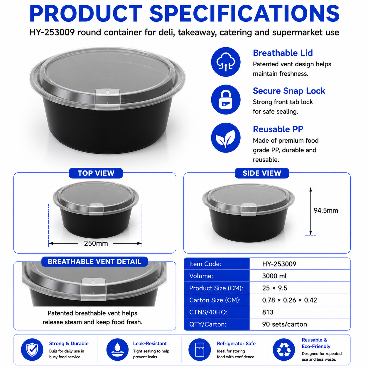 HY-253009 3000ml Round Breathable Lid Injection Molded PP Food Container