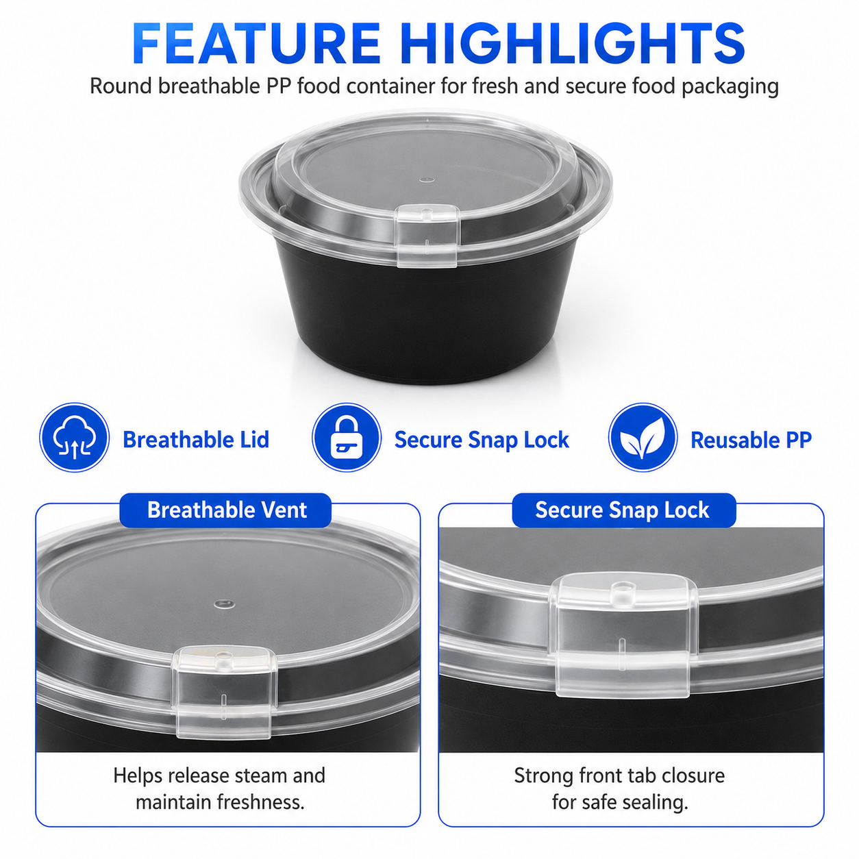 HY-25359 350ml Round Vented Lid Injection Molded PP Food Container