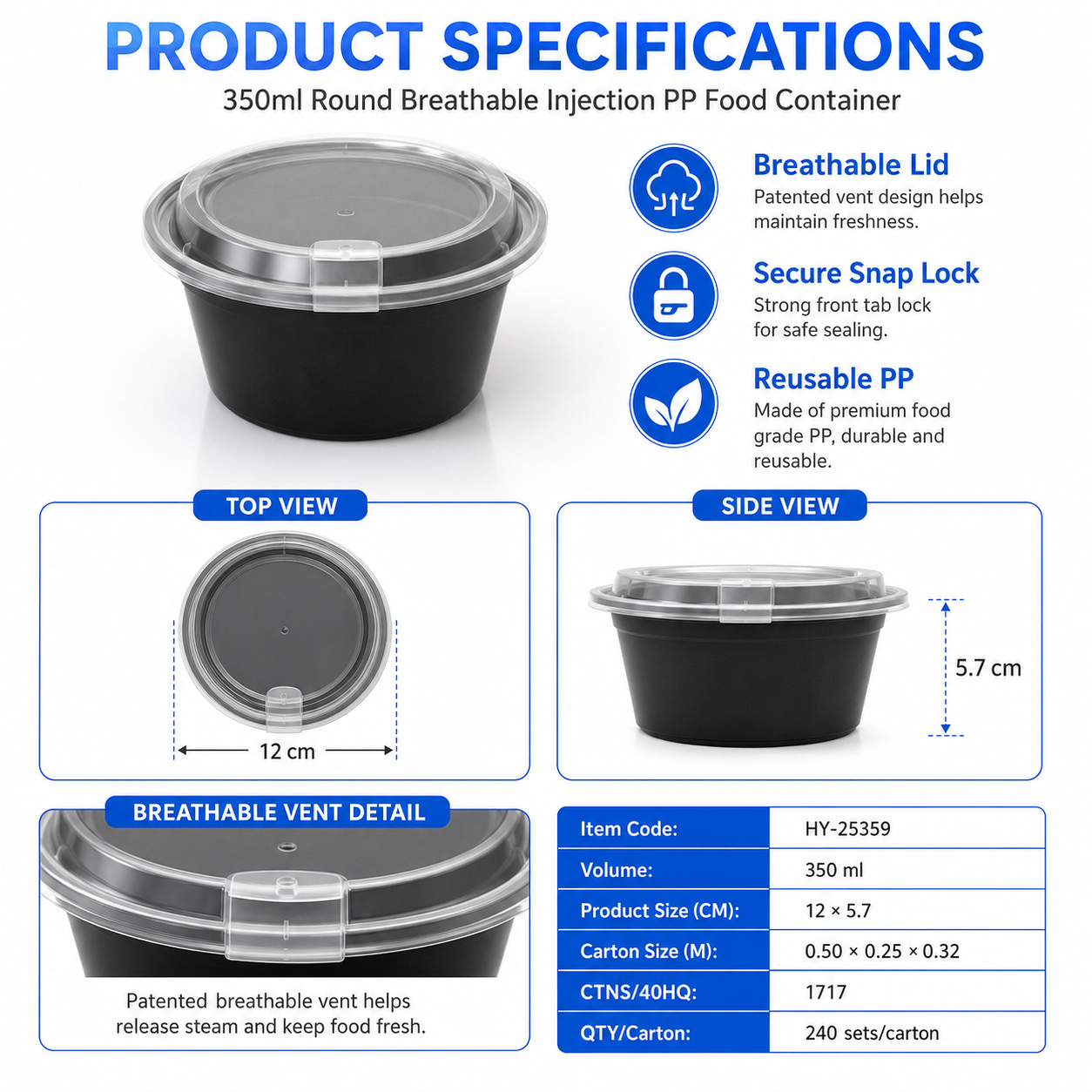HY-25359 350ml Round Vented Lid Injection Molded PP Food Container