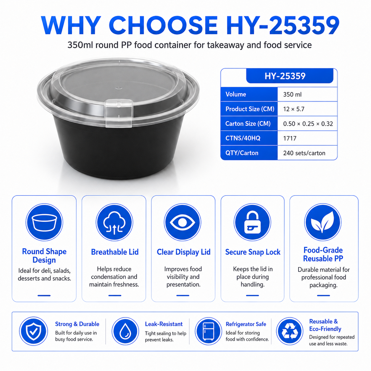 HY-25359 350ml Round Vented Lid Injection Molded PP Food Container