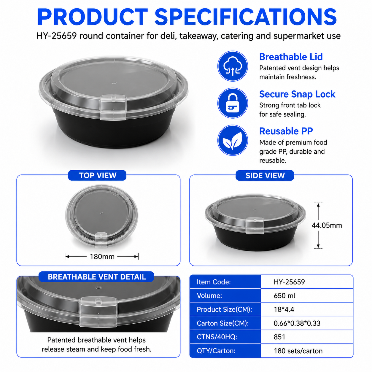 HY-25659 650ml Round PP Food Container with Clear Lid Injection Molded Food Packaging Container