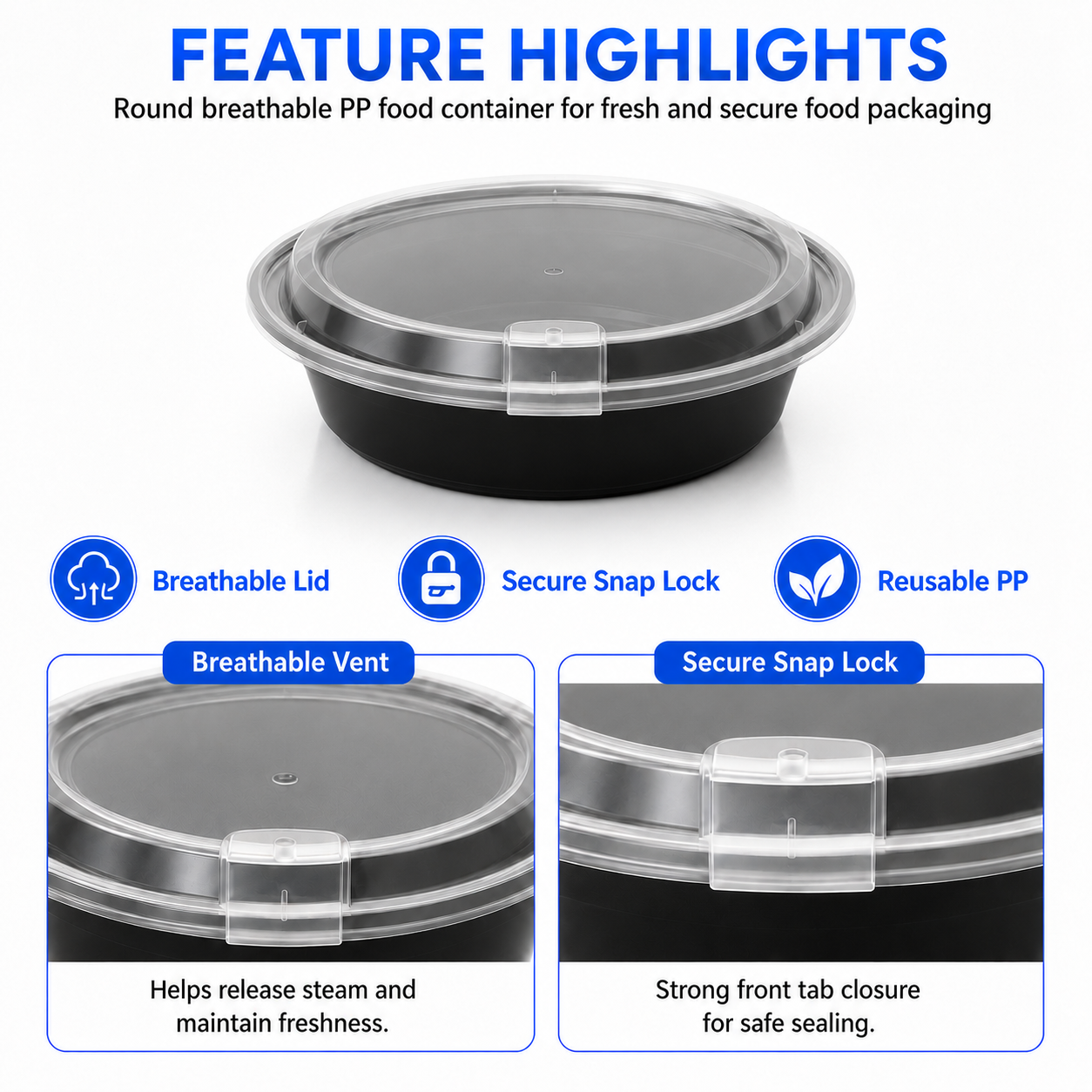 HY-25759 750ml Round PP Food Container with Clear Lid Injection Molded Food Packaging Container
