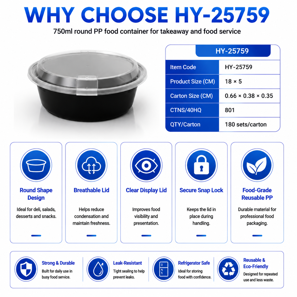 HY-25759 750ml Round PP Food Container with Clear Lid Injection Molded Food Packaging Container