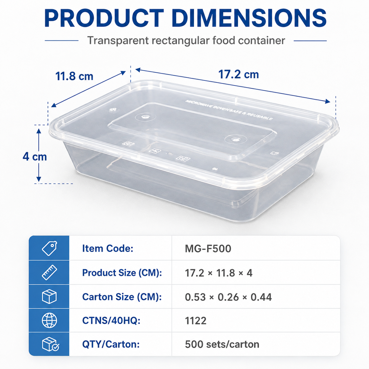 MG-F500 500ml Clear Rectangular PP Food Container with Lid