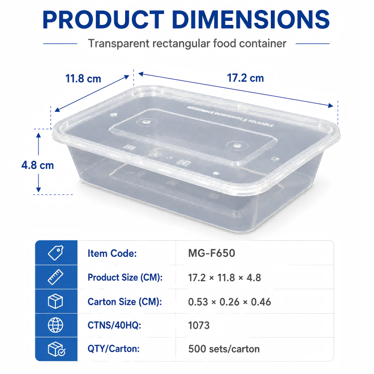 MG-F650 650ml Clear Rectangular PP Food Container with Lid