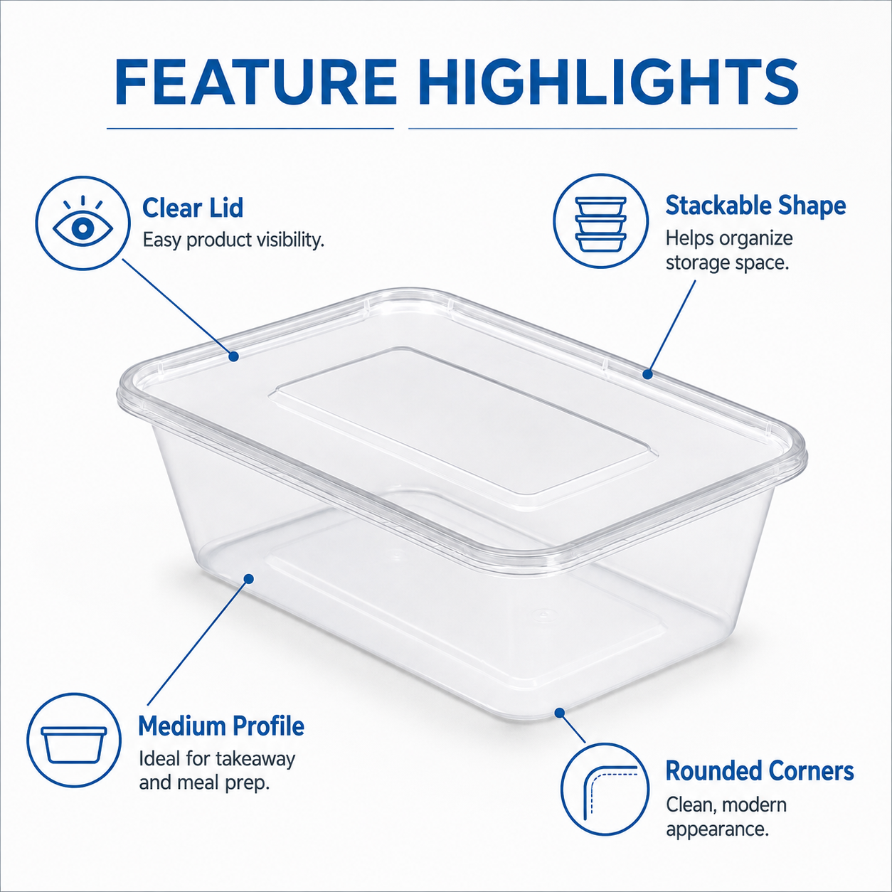 MG-F750 750ml Clear Rectangular PP Food Container with Lid