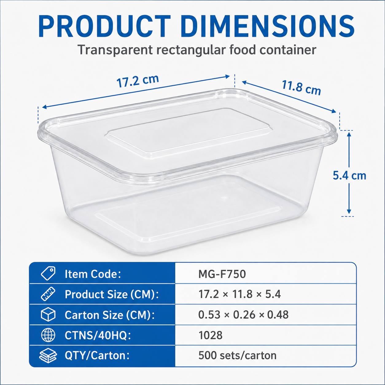 MG-F750 750ml Clear Rectangular PP Food Container with Lid
