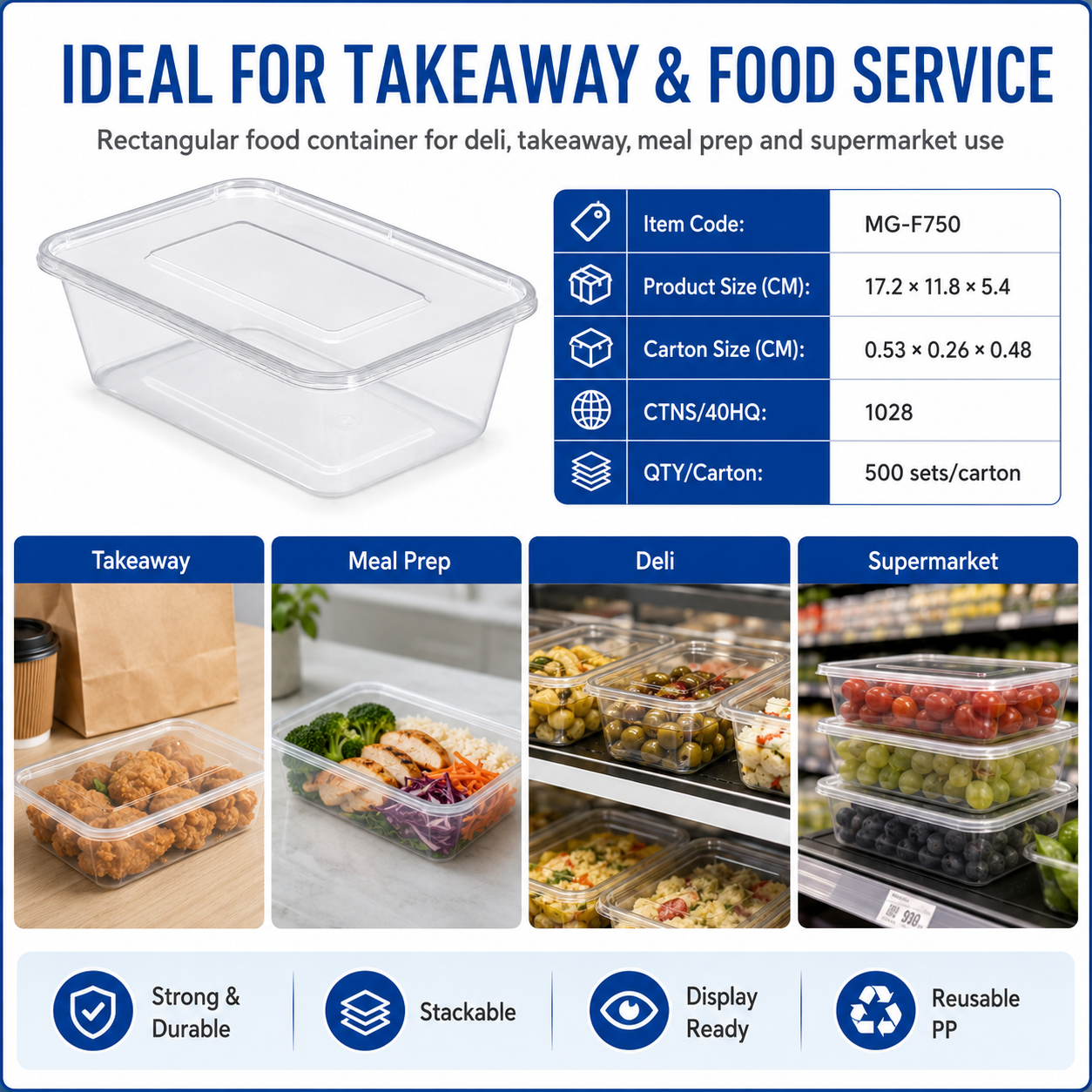 MG-F750 750ml Clear Rectangular PP Food Container with Lid