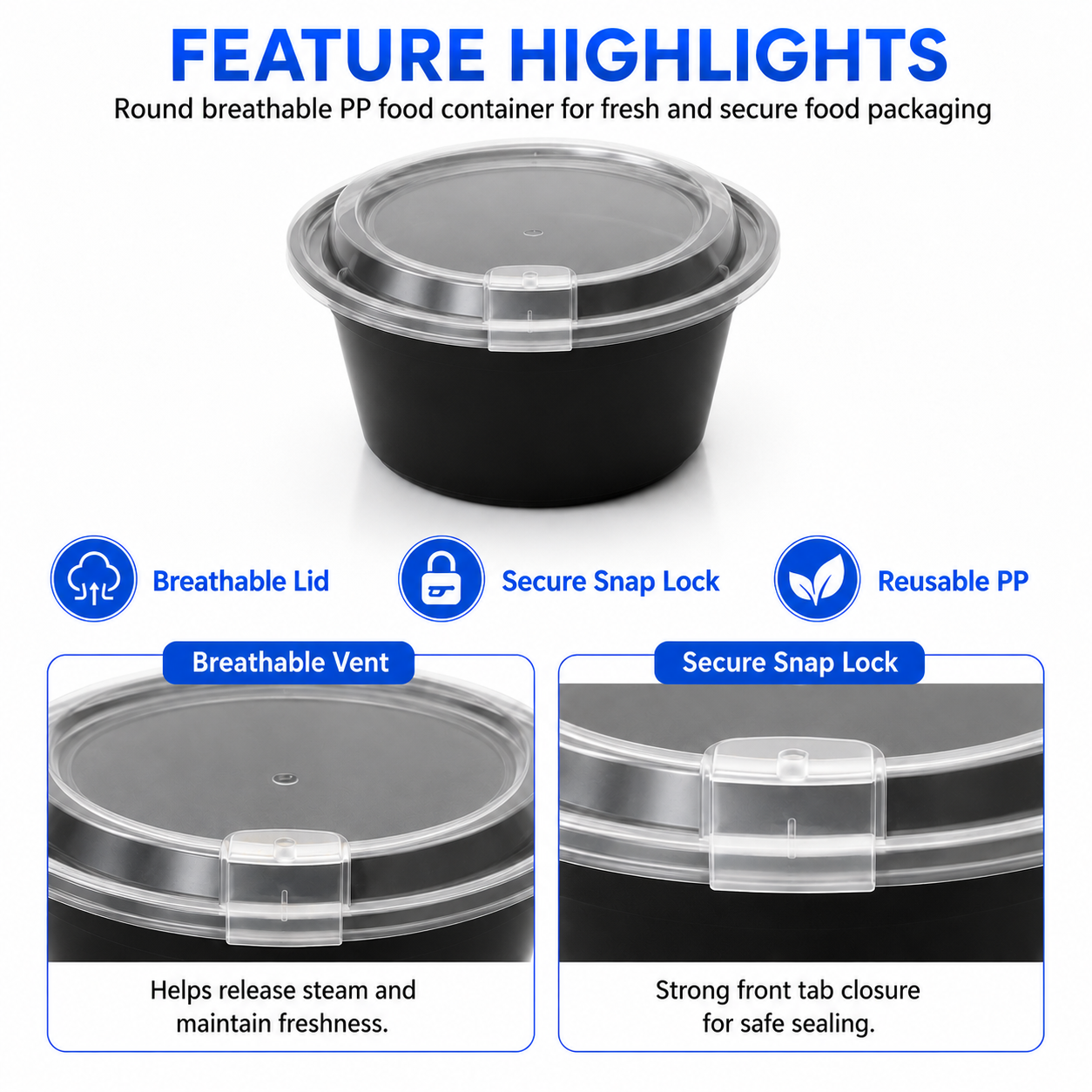 450ml Round Breathable PP Food Container with Secure Snap Lid for Takeaway & Food Service