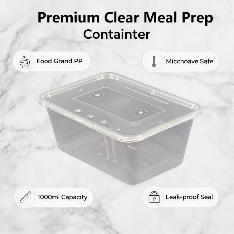 MG-F1000 1000ml Large Capacity Clear Rectangular Food Grade PP Disposable Food Containers With Lids, Microwave Safe Leakproof Takeout Meal Prep Storage Boxes