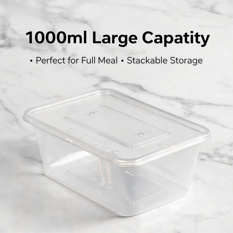 MG-F1000 1000ml Large Capacity Clear Rectangular Food Grade PP Disposable Food Containers With Lids, Microwave Safe Leakproof Takeout Meal Prep Storage Boxes
