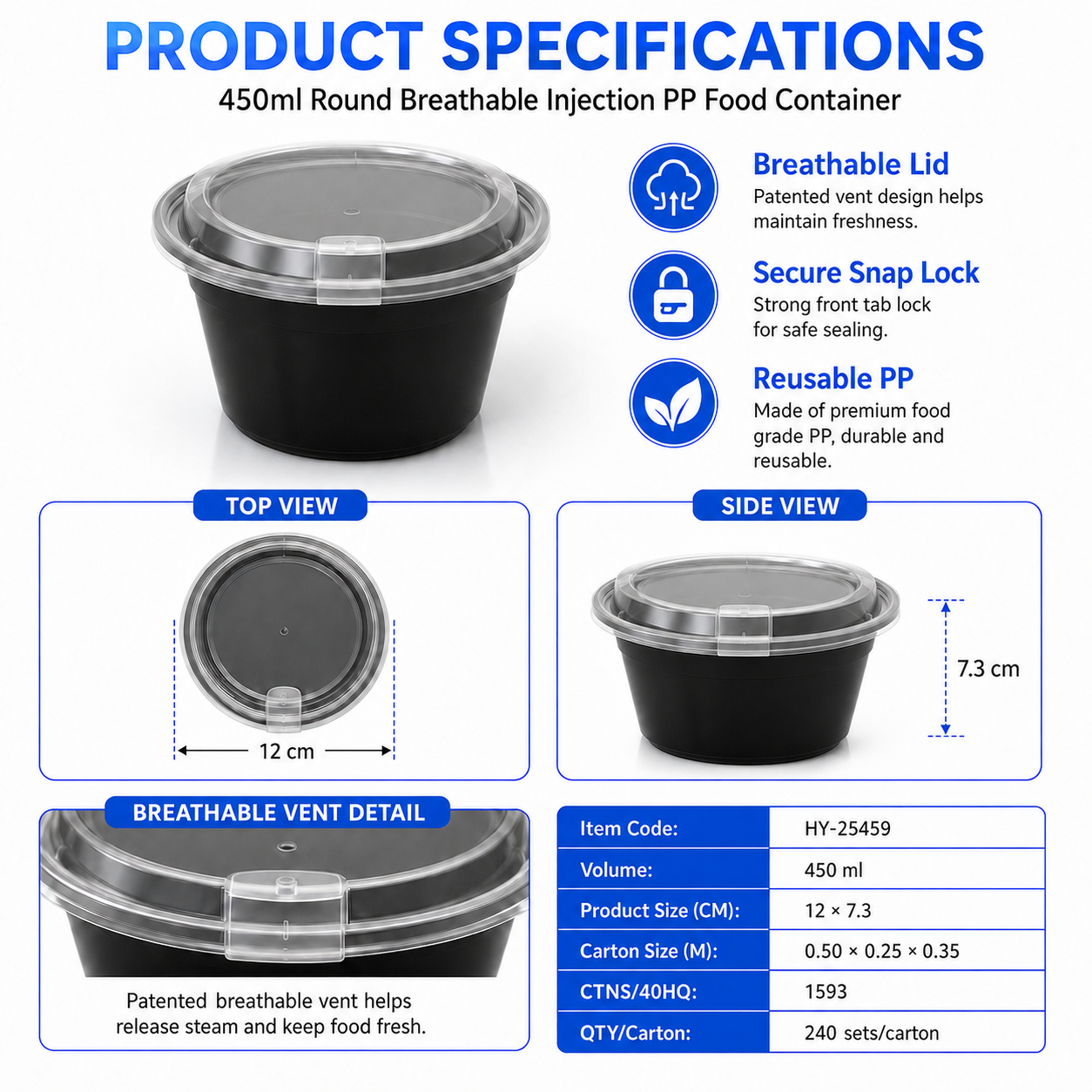 450ml Round Breathable PP Food Container with Secure Snap Lid for Takeaway & Food Service