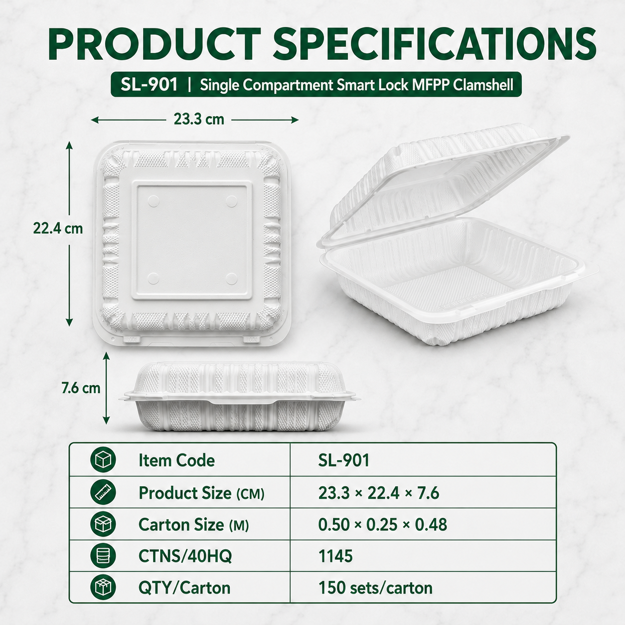 SL-901 9x9 Inch Single Compartment Smart Lock MFPP Clamshell Food Container