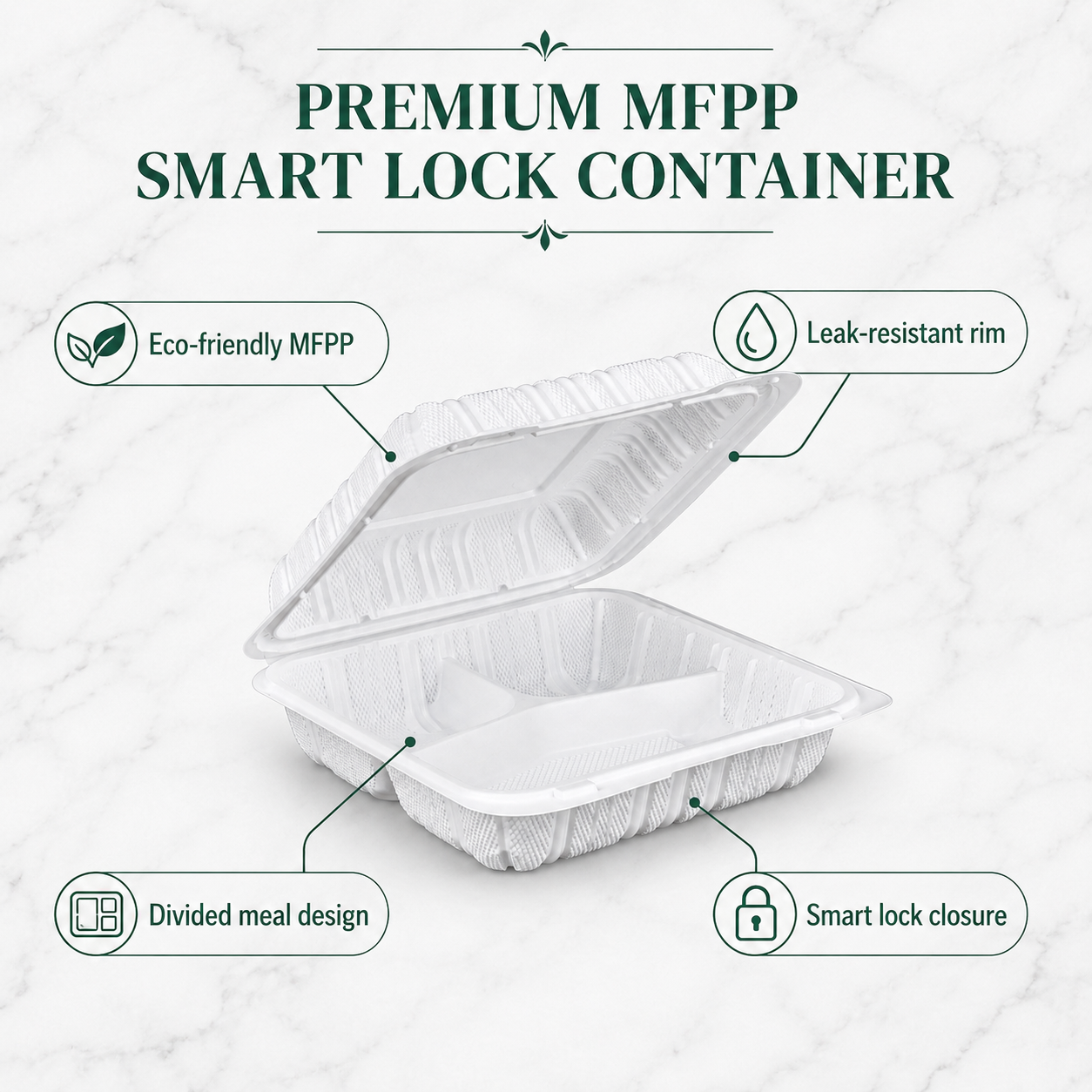 SL-903 9x9 Inch 3 Compartment Smart Lock MFPP Clamshell Food Container for Takeaway