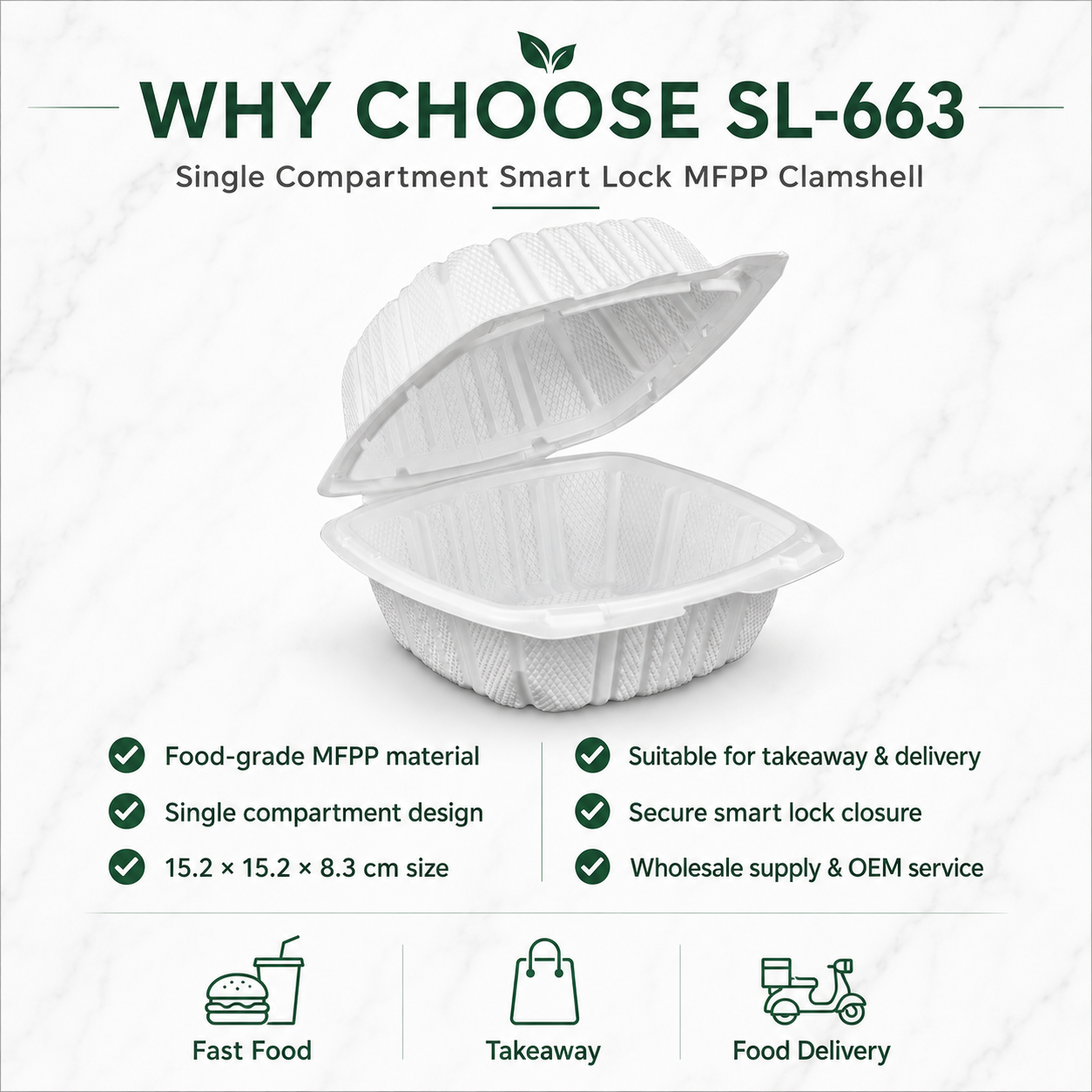 SL-663 6x6 Inch Single Compartment Smart Lock MFPP Clamshell Food Container
