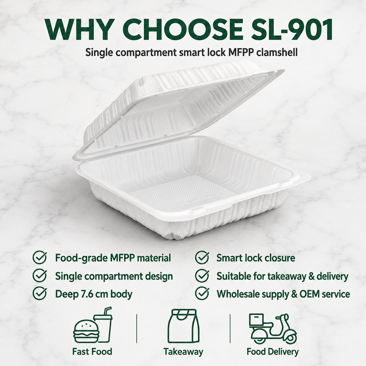 SL-901 9x9 Inch Single Compartment Smart Lock MFPP Clamshell Food Container