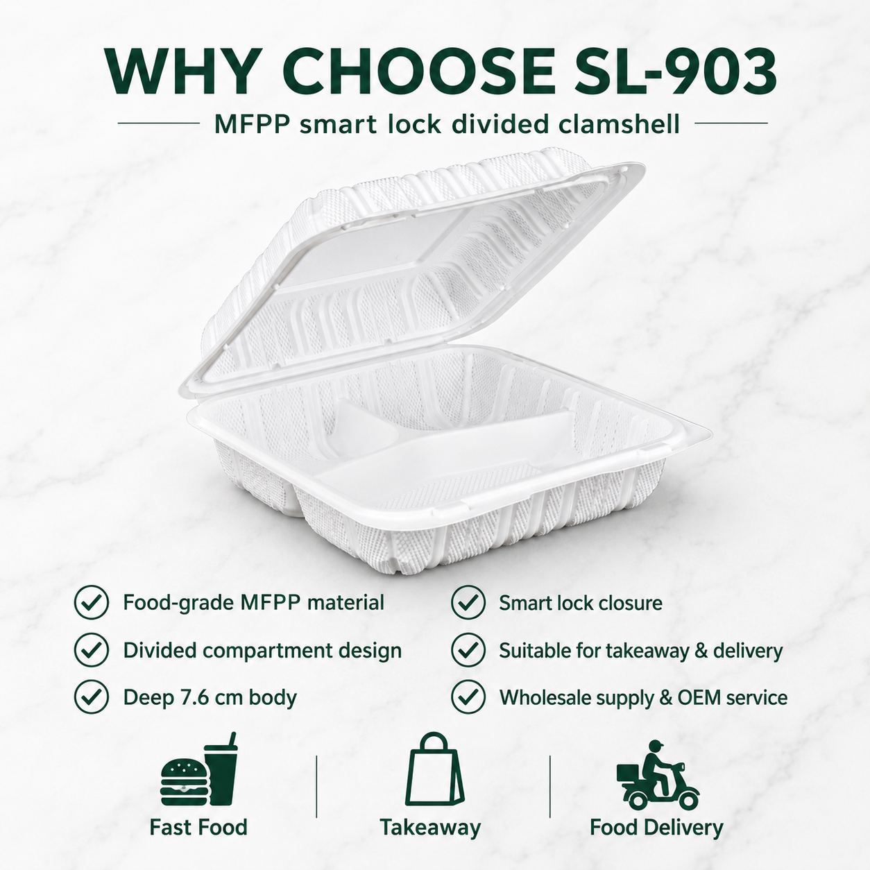 SL-903 9x9 Inch 3 Compartment Smart Lock MFPP Clamshell Food Container for Takeaway