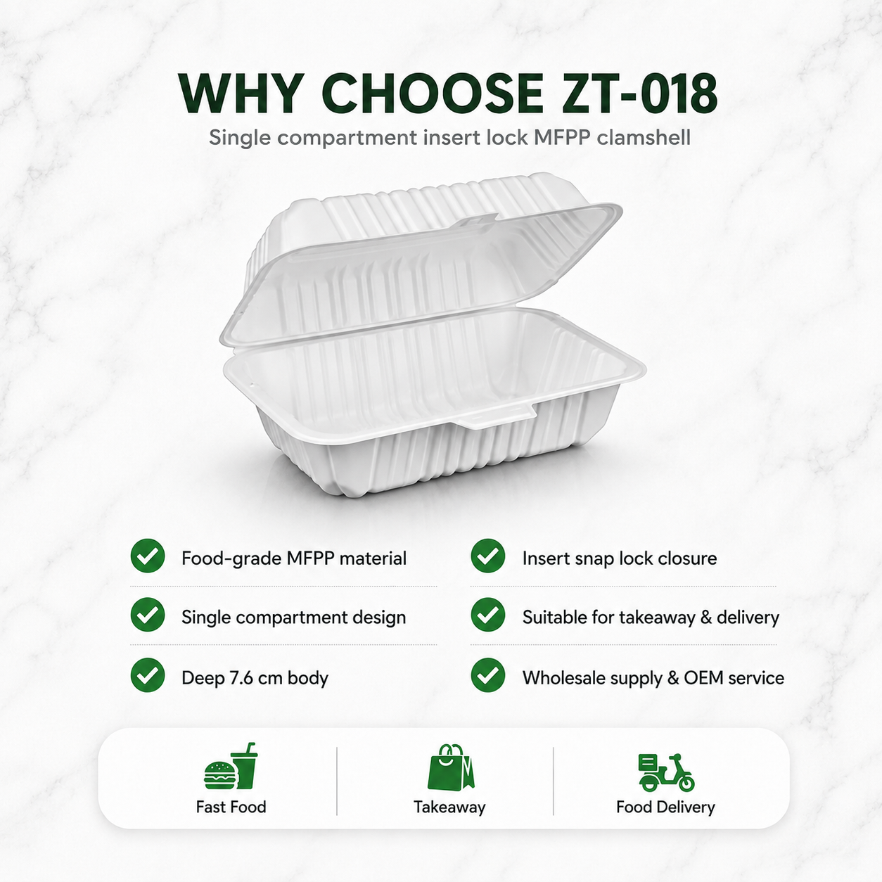 ZT-018 9×6 Inch Single Compartment MFPP Clamshell Takeout Container