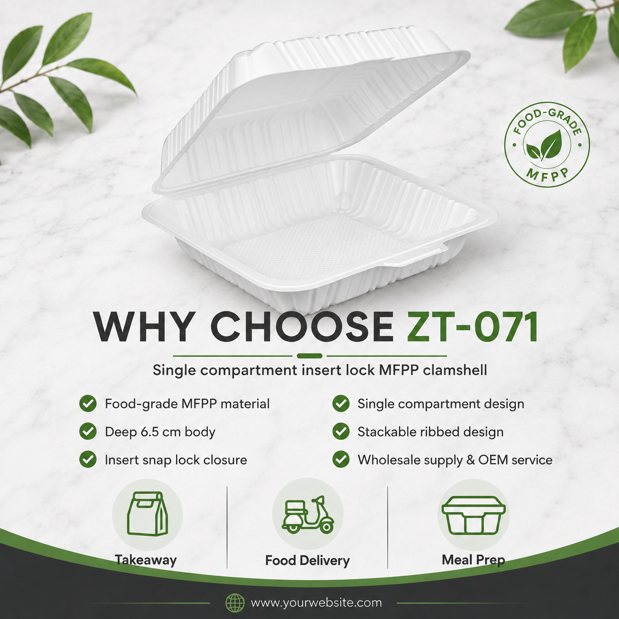 ZT-071 7 Inch Single-Compartment MFPP Clamshell Takeout Container