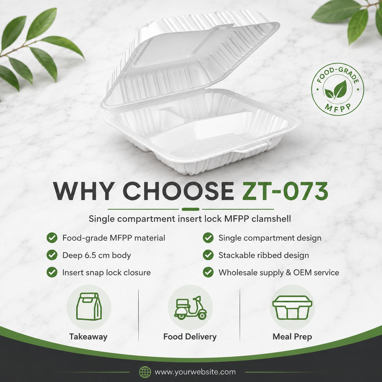 ZT-073 7 Inch 3-Compartment MFPP Clamshell Takeout Container