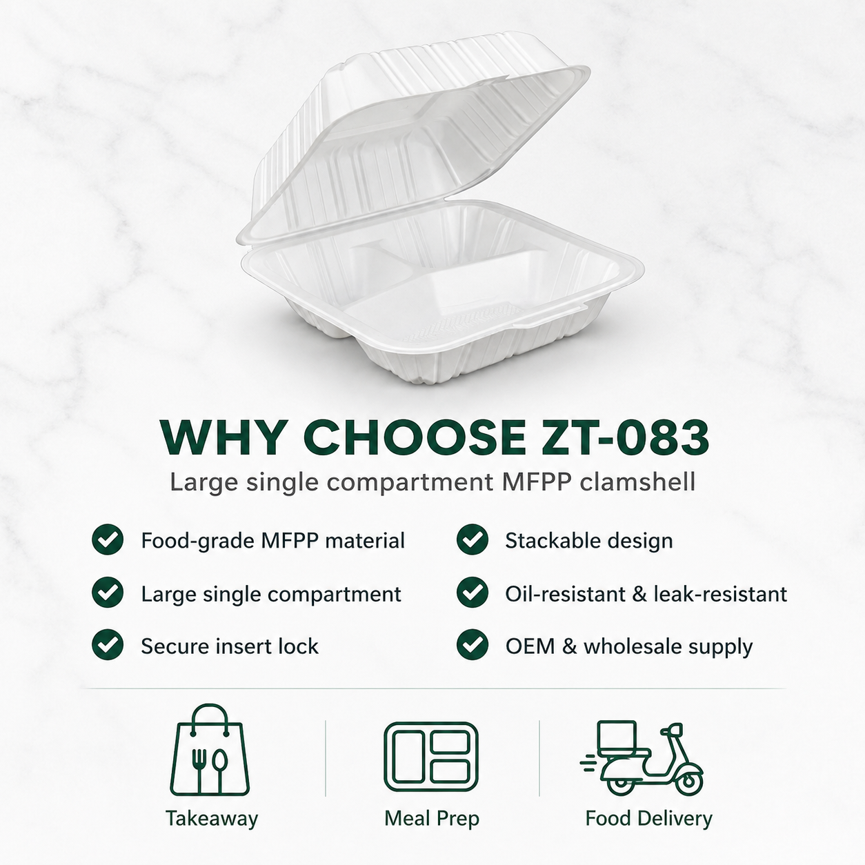 ZT-083 8 Inch 3-Compartment MFPP Clamshell Takeout Container