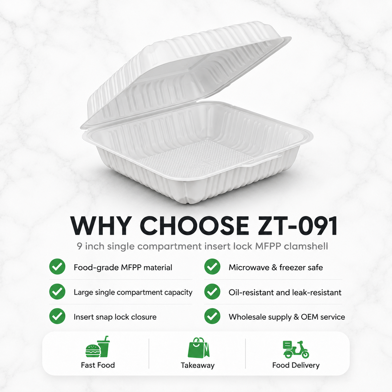 ZT-091 9 Inch Single-Compartment MFPP Clamshell Takeout Container