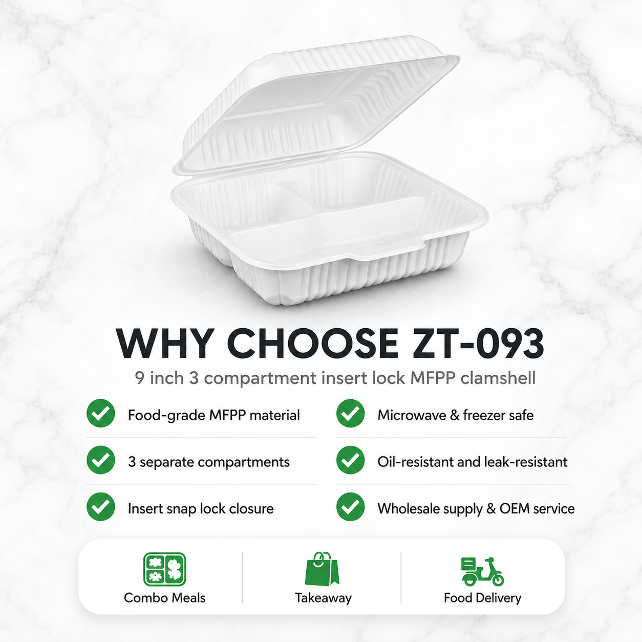 ZT-093 9 Inch 3-Compartment MFPP Clamshell Takeout Container