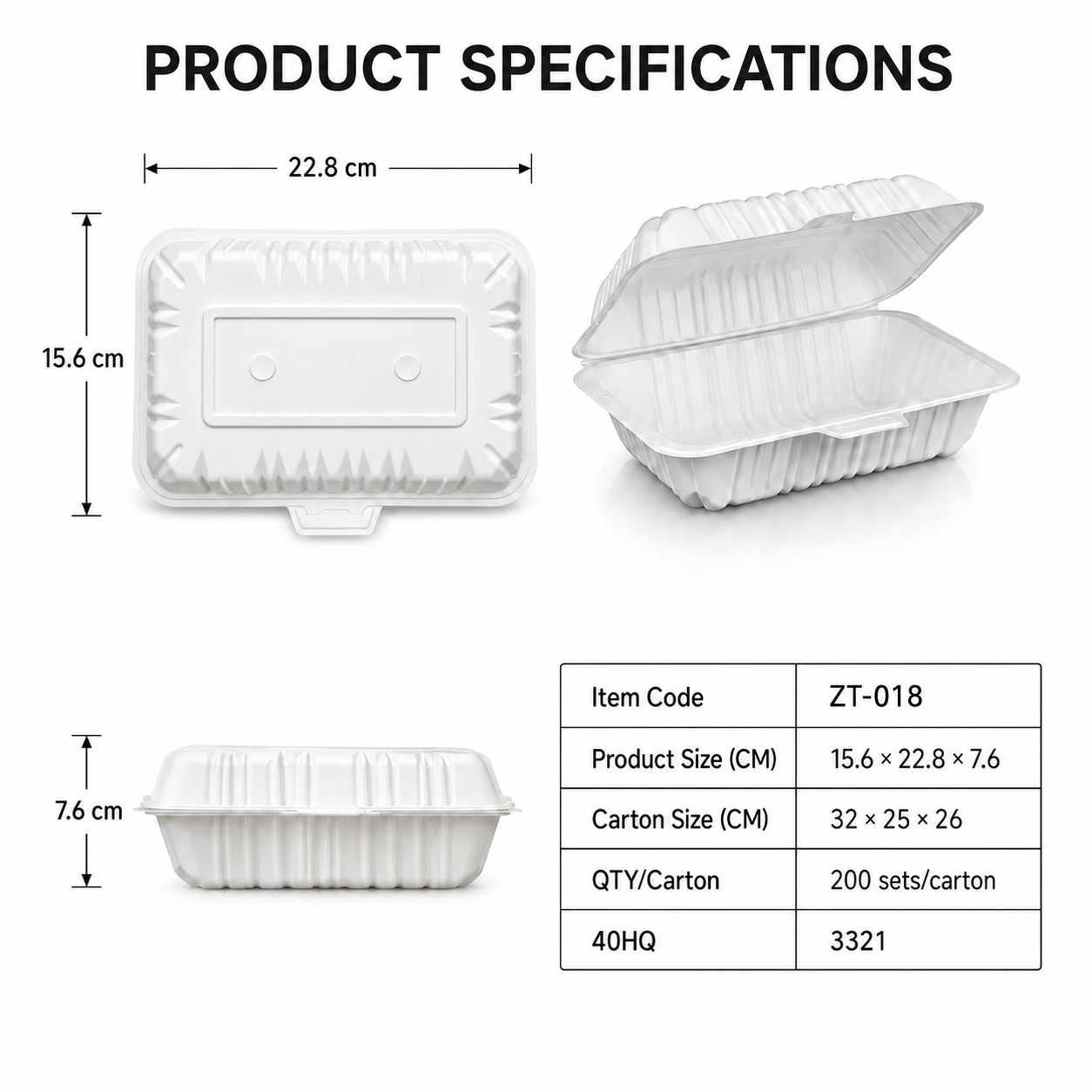ZT-018 9×6 Inch Single Compartment MFPP Clamshell Takeout Container