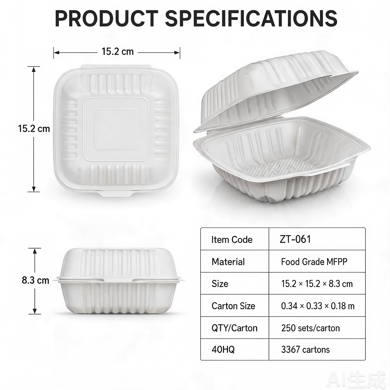 ZT-061 6 Inch Single-Compartment MFPP Clamshell Takeout Container