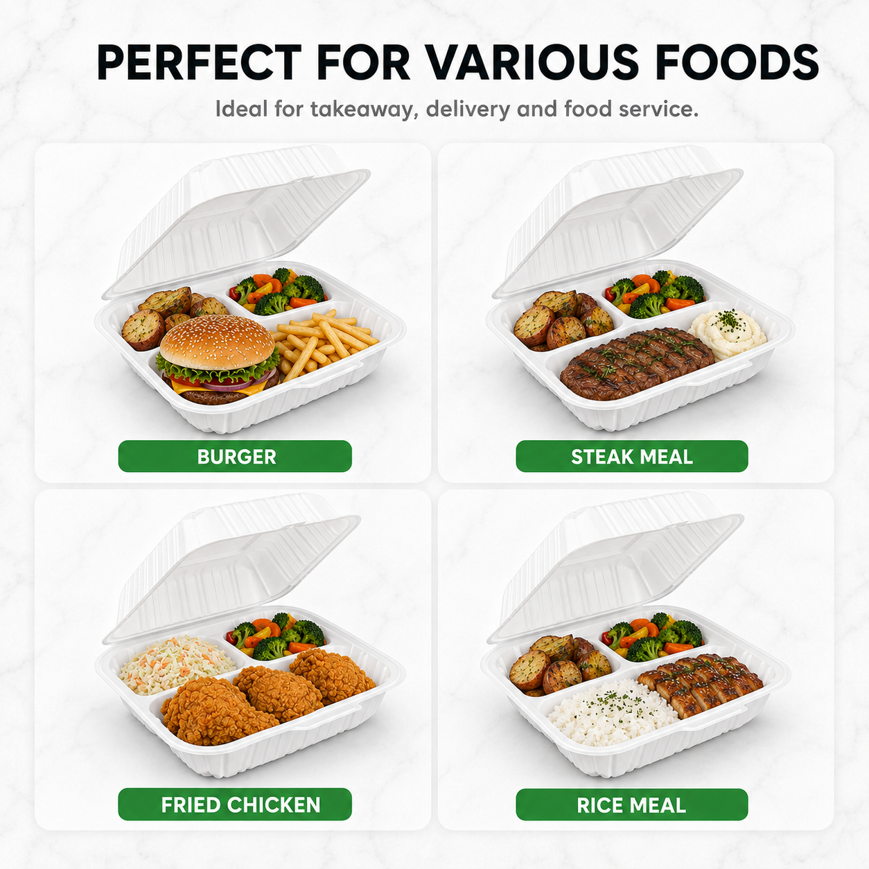 ZT-073 7 Inch 3-Compartment MFPP Clamshell Takeout Container