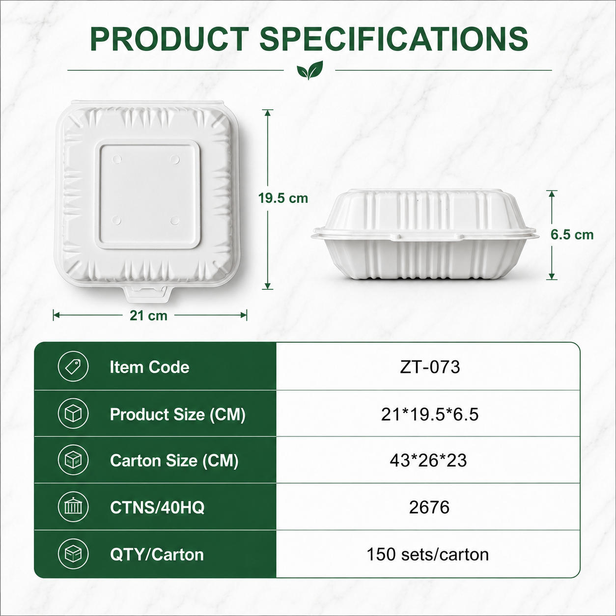 ZT-073 7 Inch 3-Compartment MFPP Clamshell Takeout Container